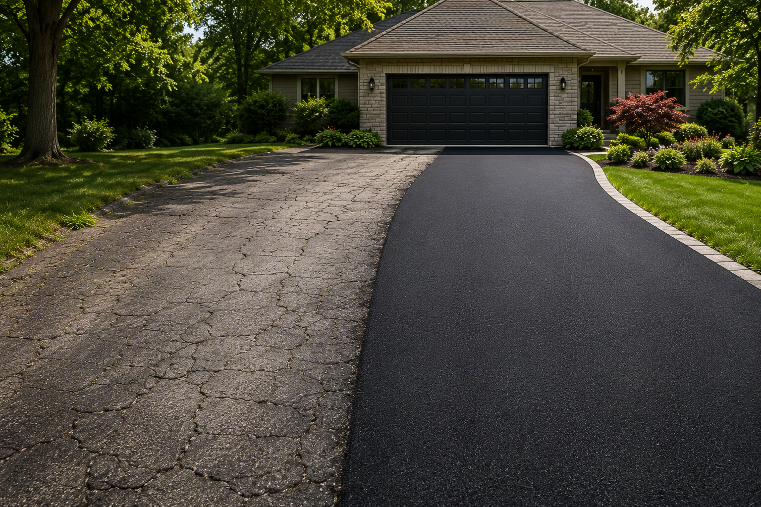 Old cracked asphalt driveway compared with a new asphalt driveway