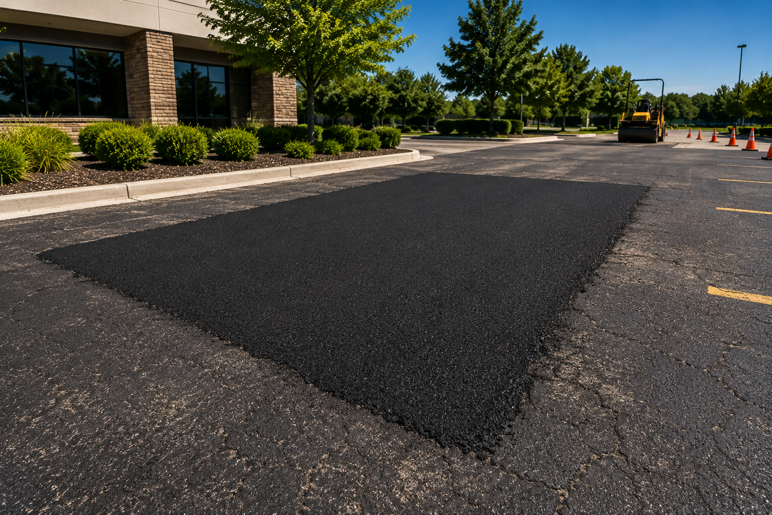 Fresh asphalt patch repair on damaged commercial pavement